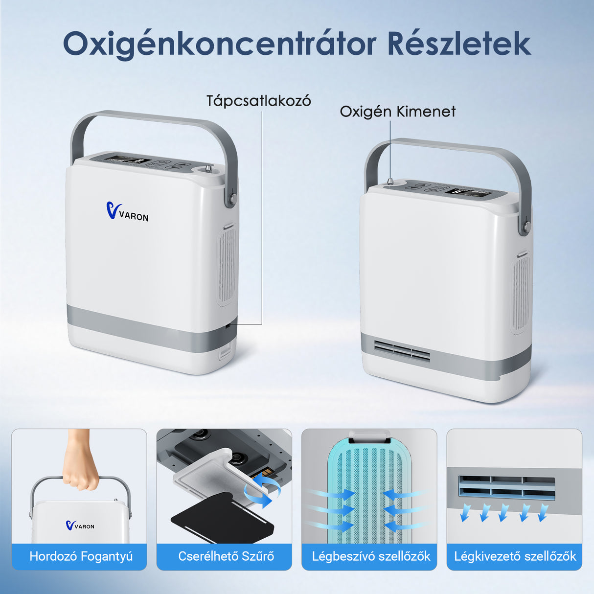 (Előértékesítés)VARON VP-8G | Hordozhato oxigen koncentrator (1-8 beállítás)