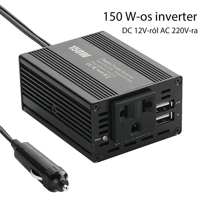 150 W-os autós inverter kettős USB-porttal, 3.1A, 12V-ról 110V/220V feszültségre
