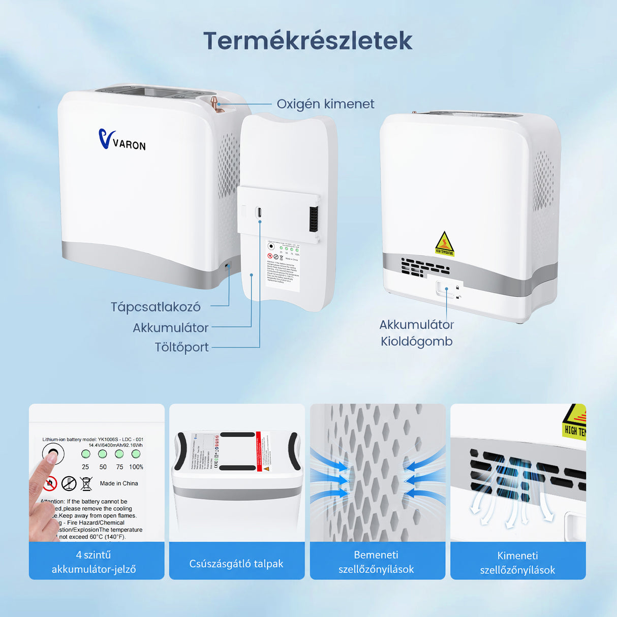 VARON VP-8 Lite | 2 kg-os könnyű pulzusos oxigénkoncentrátor (7 fokozatú áramlás)