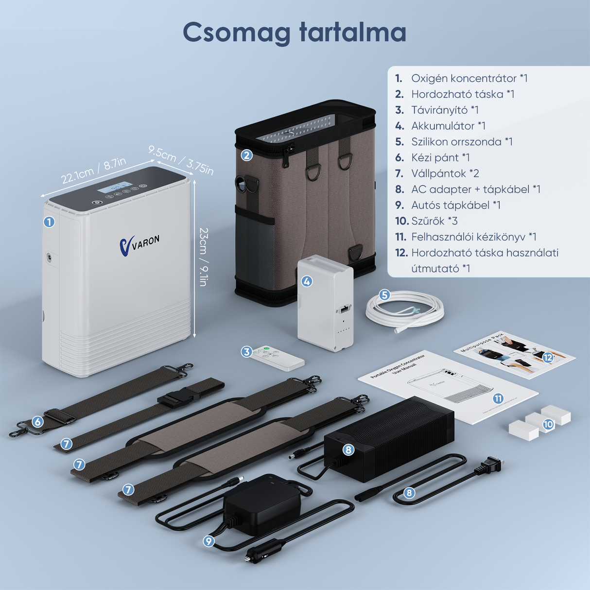 VARON VP-6 hordozható folyamatos oxigénkoncentrátor, nagy áramlású, kültéri használatra