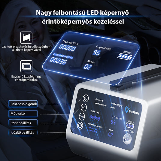 VARON VT-1 hordozható oxigénkoncentrátor, kettős üzemmód, csendes működés, tiszta levegőszűrés