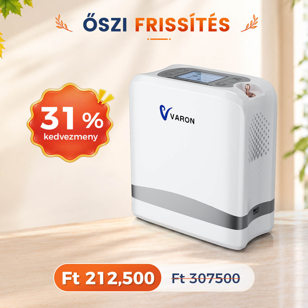 VARON VP-8 Lite | 2 kg-os könnyű pulzusos oxigénkoncentrátor (7 fokozatú áramlás)