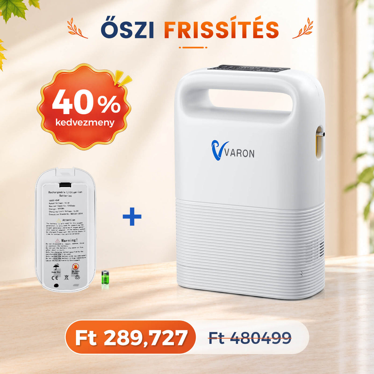 VARON VP-2 Pulse hordozható oxigénkoncentrátor | 93% oxigén, hosszú akkumulátor, CE-jóváhagyás