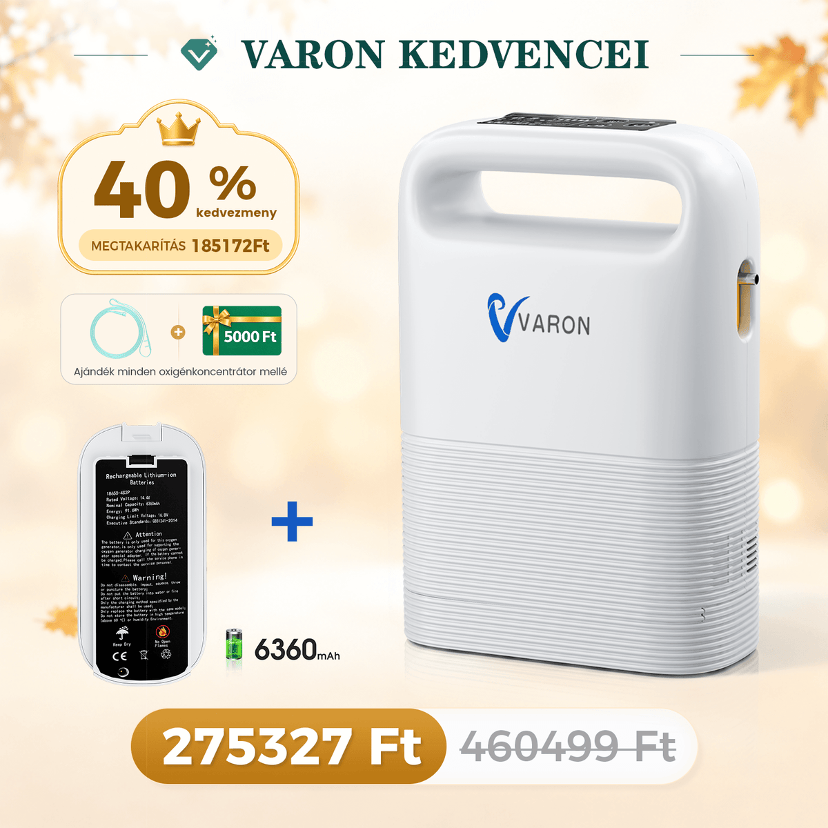 VARON VP-2 Pulse hordozható oxigénkoncentrátor | 93% oxigén, hosszú akkumulátor, CE-jóváhagyás