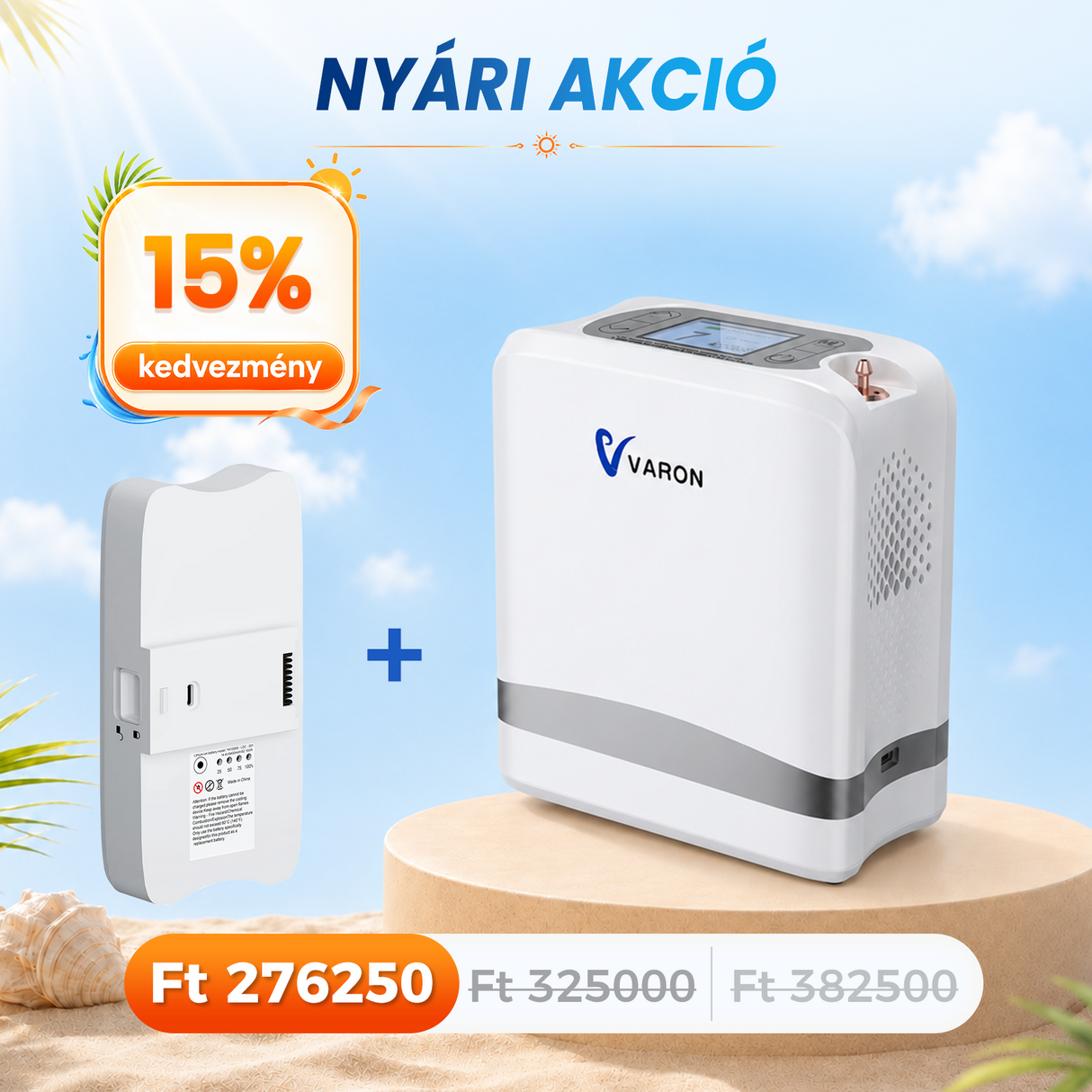 VARON VP-8 Lite | 2 kg-os könnyű pulzusos oxigénkoncentrátor (7 fokozatú áramlás)