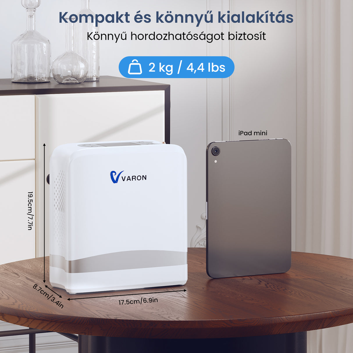 VARON VP-8 Lite | 2 kg-os könnyű pulzusos oxigénkoncentrátor (7 fokozatú áramlás)