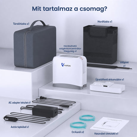 VARON VP-8 Lite | 2 kg-os könnyű pulzusos oxigénkoncentrátor (7 fokozatú áramlás)