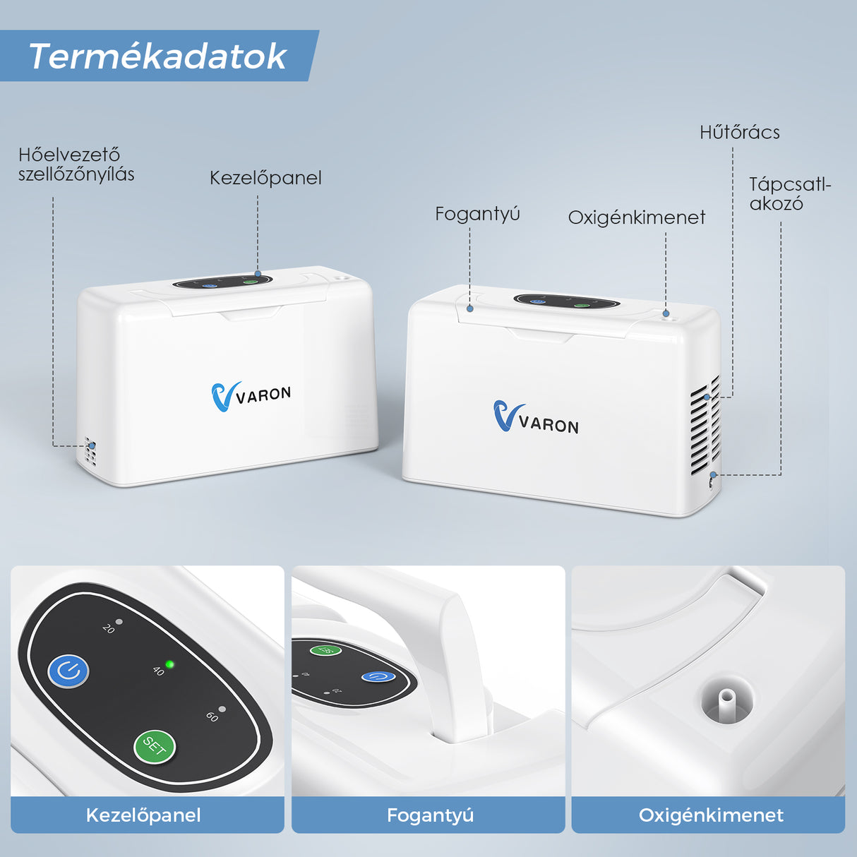 VARON VL-2 Light 3L / perc folyamatos hordozható oxigén-koncentrátor, CE-jóváhagyás