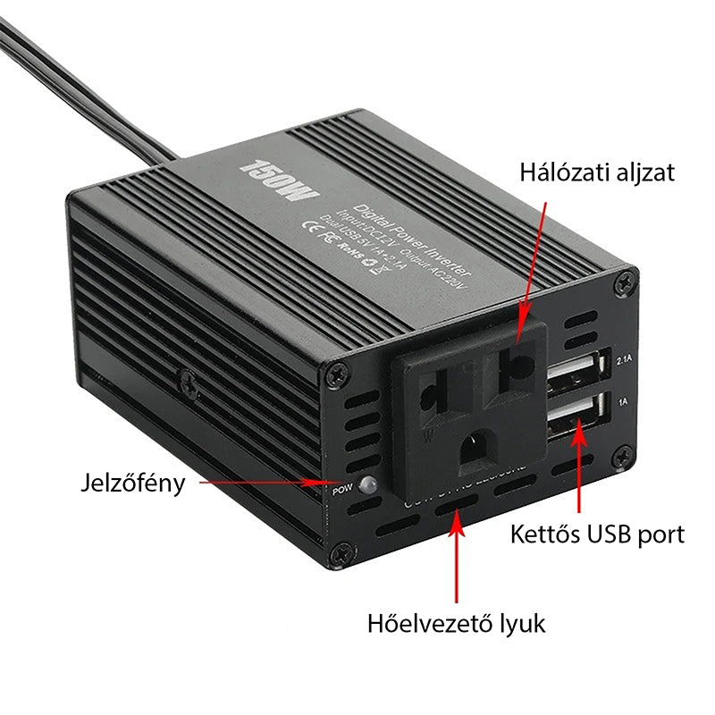 150 W-os autós inverter kettős USB-porttal, 3.1A, 12V-ról 110V/220V feszültségre