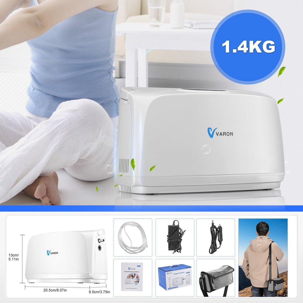 VARON 3L/min Concentrateur d'oxygène portable VL-1 avec Batterie et Chargeur