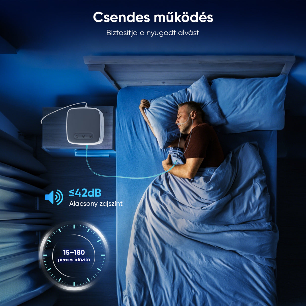 Alvás VARON VH-3 oxigénkoncentrátorral a csendes és folyamatos éjszakai légzéstámogatásért