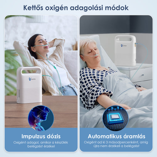 VARON VP-2 hordozható impulzus oxigénkoncentrátor, hosszú akkumulátor-üzemidővel aktív felhasználók számára
