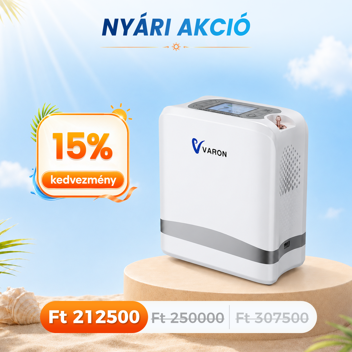 VARON VP-8 Lite | 2 kg-os könnyű pulzusos oxigénkoncentrátor (7 fokozatú áramlás)