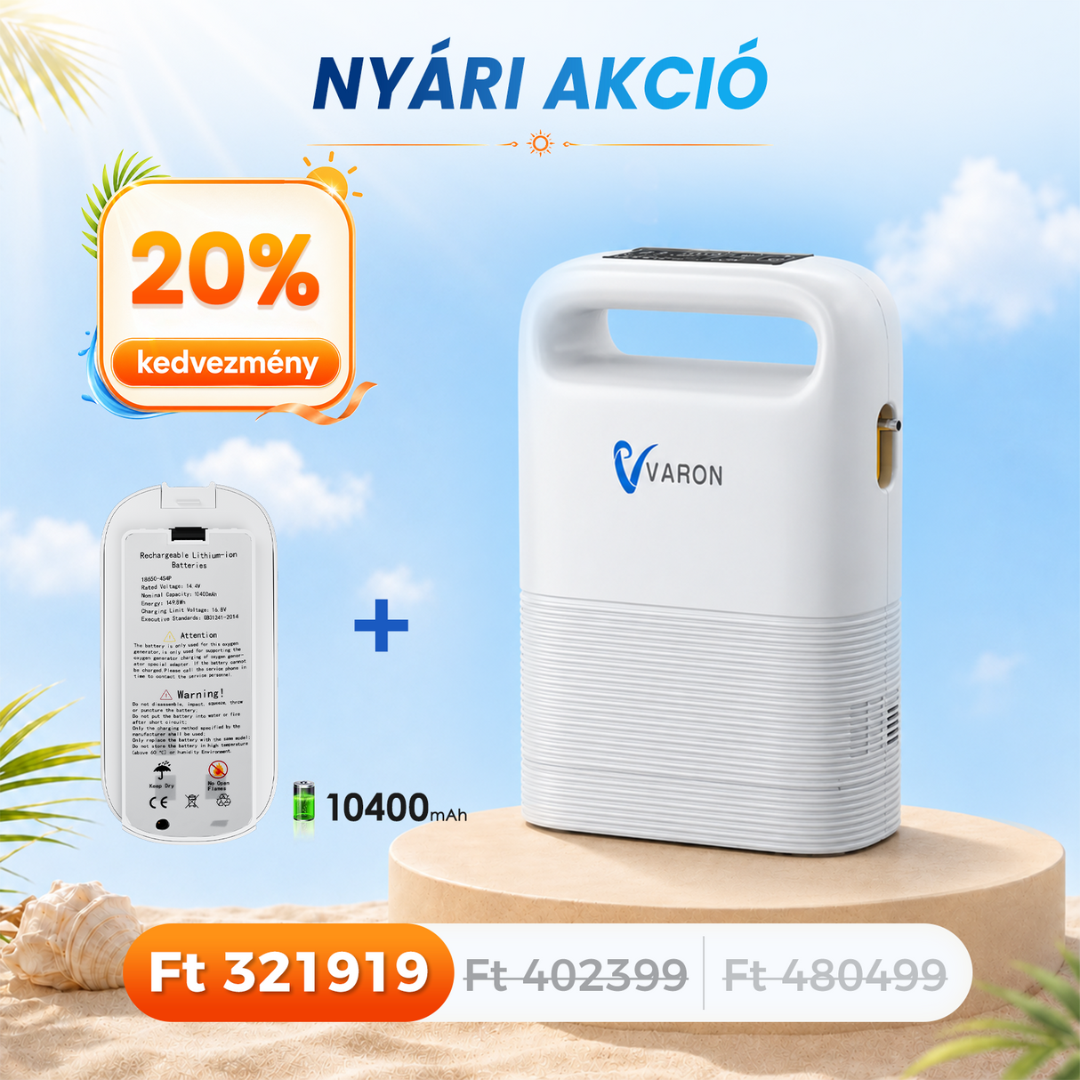 VARON VP-2 Pulse hordozható oxigénkoncentrátor | 93% oxigén, hosszú akkumulátor, CE-jóváhagyás
