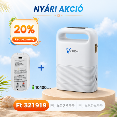 VARON VP-2 Pulse hordozható oxigénkoncentrátor | 93% oxigén, hosszú akkumulátor, CE-jóváhagyás
