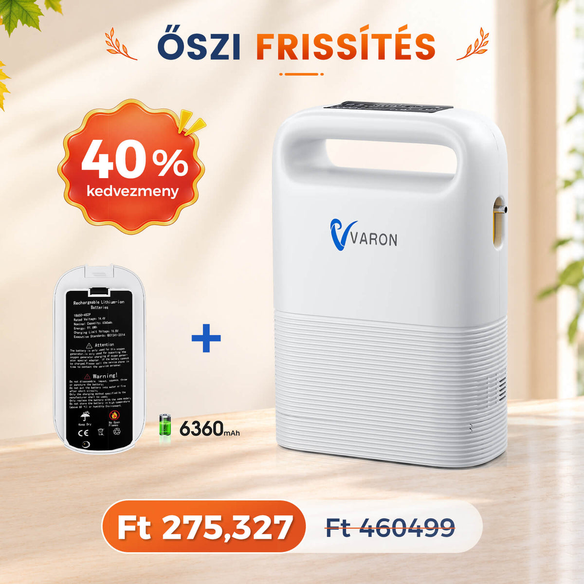 VARON VP-2 Pulse hordozható oxigénkoncentrátor | 93% oxigén, hosszú akkumulátor, CE-jóváhagyás