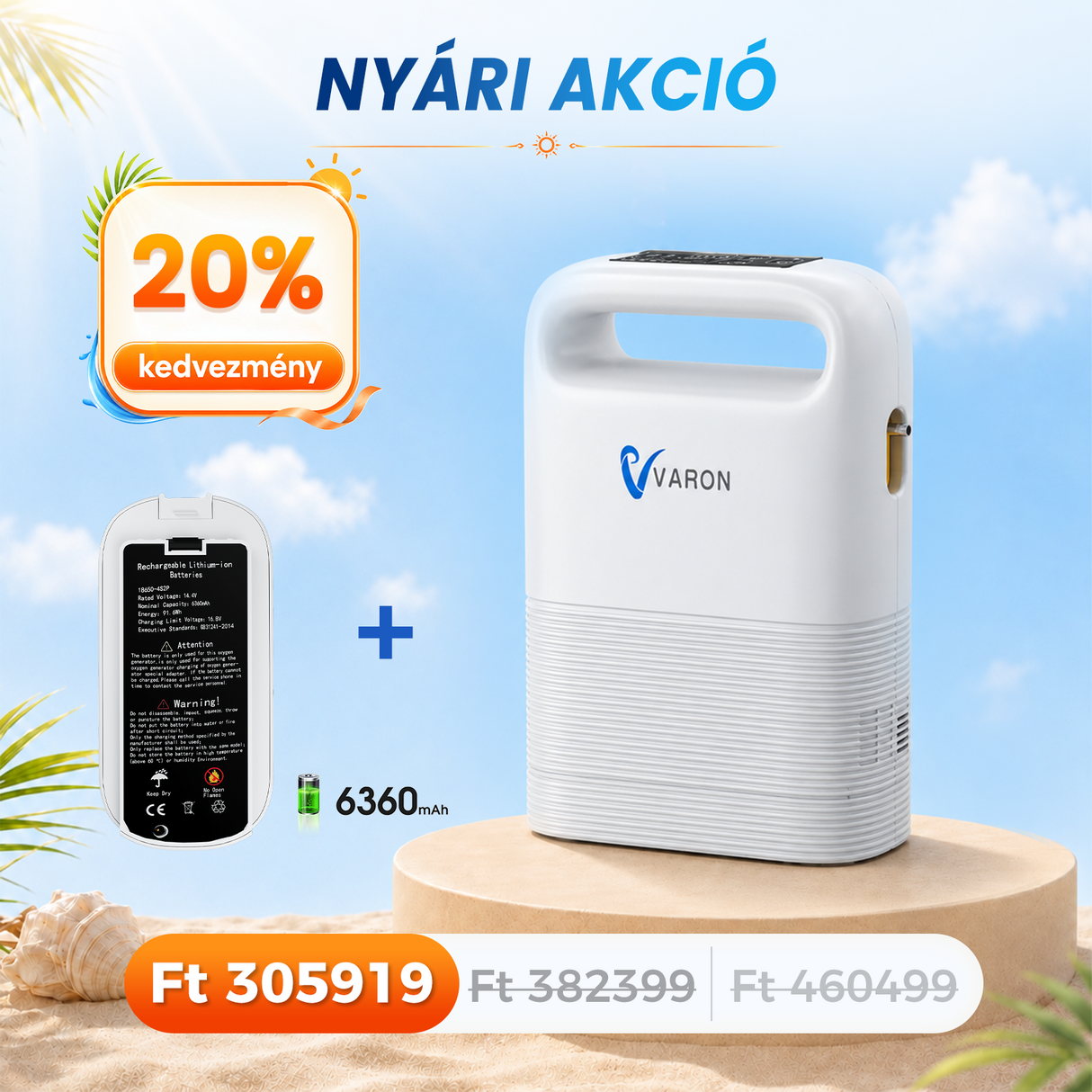 VARON VP-2 Pulse hordozható oxigénkoncentrátor | 93% oxigén, hosszú akkumulátor, CE-jóváhagyás